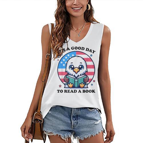 A Good Day To Read a Book Reading Eagle With American Flag Women's V-Neck Tank Top - Bookorys
