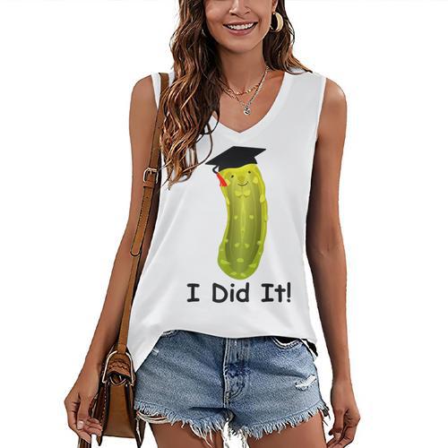 Graduation Cap Wearing Big Dill Pickle I Did It Graduate Fun Women's V-Neck Tank Top - Best Gift Smart