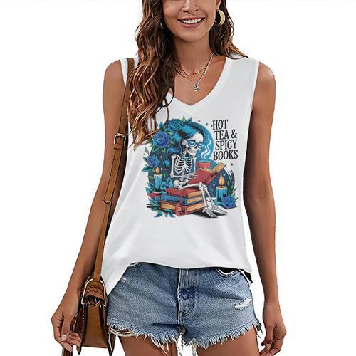 Hot Tea & Spicy Books Skeleton Reader Women's V-Neck Tank Top - Bookorys CA