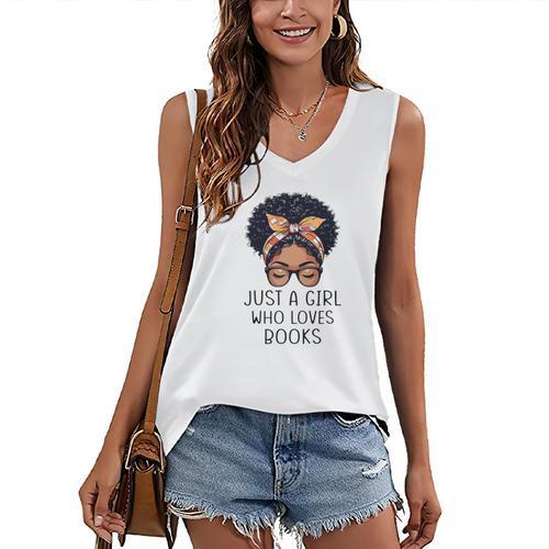 Just a Girl Who Loves Books Messy Bun Black Women Reading Women's V-Neck Tank Top - Bookorys DE