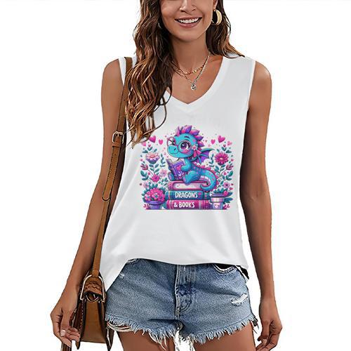 Just A Girl Who Loves Dragons And Books Cute Dragon Reading Premium Tri-Blend Women's V-Neck Tank Top - Bookorys AU