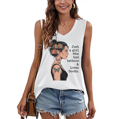Just a Girl Who Has Tattoos And Love Books Tattooed Inked Women's V-Neck Tank Top - Bookorys UK