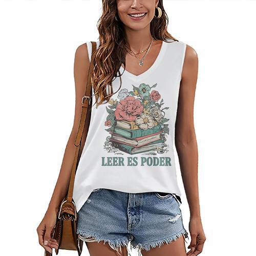 Leer ES Poder Cute Floral Spanish Teacher Book Reading Women's V-Neck Tank Top - Bookorys