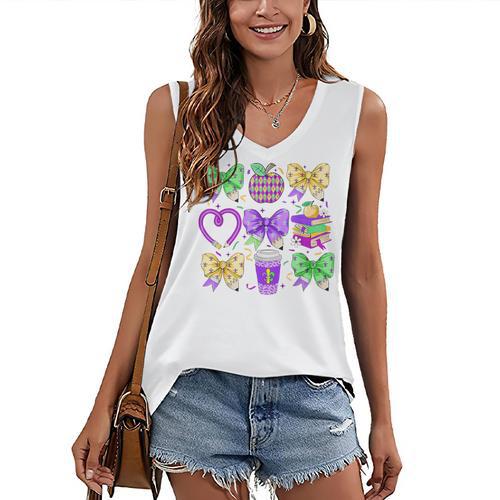 Mardi Gras Teacher Coquette Bow Pencil Apple Book Women Girl Women's V-Neck Tank Top - Bookorys DE