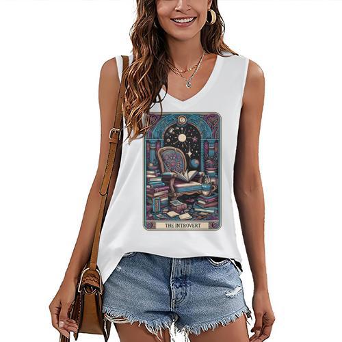 Mystical Library Book Reader The Introvert Tarot Card Women's V-Neck Tank Top - Raresse