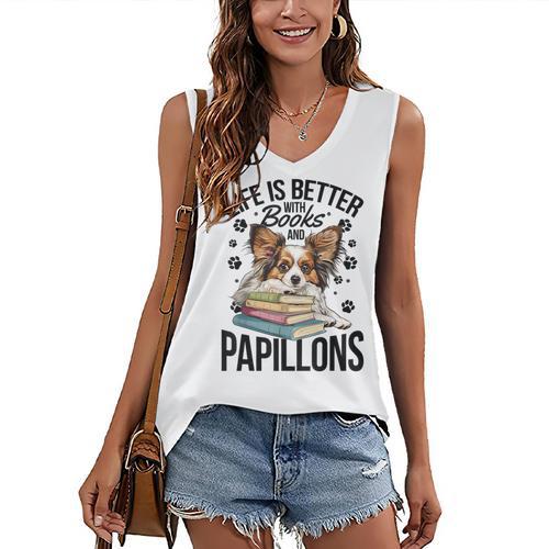 Papillon Dog Breed Life Is Better With Books And Papillons Women's V-Neck Tank Top - Bookorys