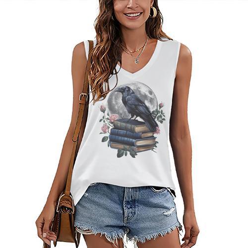 Raven Nature Art Crow Moon Book Cottagecore Botanical Flower Women's V-Neck Tank Top - Bookorys CA