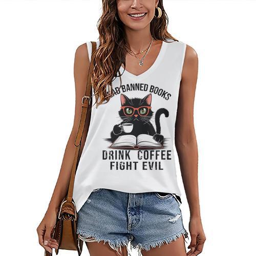 Read Banned Books Drink Coffee Fight Evil Retro Cat Women's V-Neck Tank Top - Bookorys CA