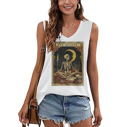 The Reader Tarot Card Book Lover Skeleton Art Goth Style Women's V-Neck Tank Top - Bookorys AU