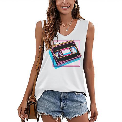 Retro VHS Vaporwave Video Cassette Nostalgia Geek Chic Women's V-Neck Tank Top - Figerry