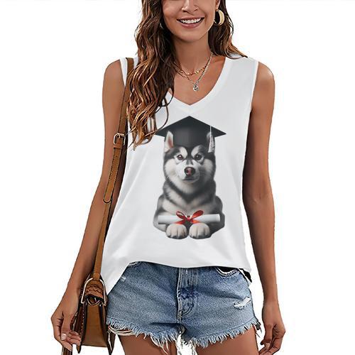 Siberian Husky Dog Graduation Cap Training School Graduate Men Women Kids Women's V-Neck Tank Top - Best Gift Smart