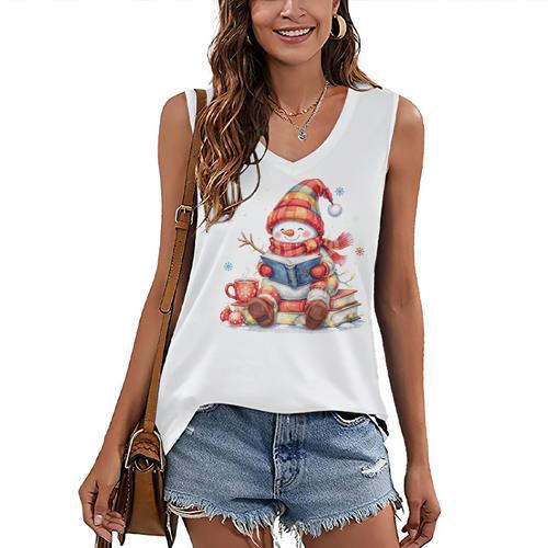 Snowman Reading Books Lovers Christmas Librarian Bookworm Women's V-Neck Tank Top - Bookorys UK