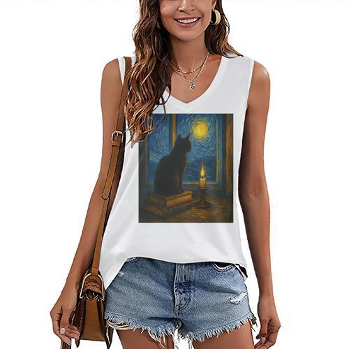 Van Gogh Starry Night Art Cat And Book Lovers Premium Tri-Blend Women's V-Neck Tank Top - Bookorys DE