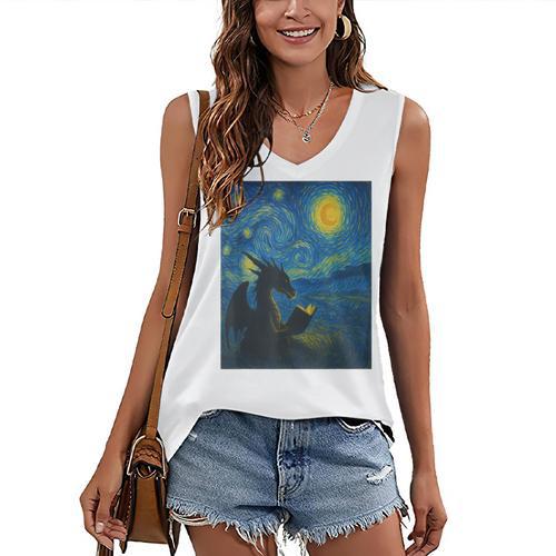 Van Gogh Starry Night Fantasy Reader Dragon Reading Book Women's V-Neck Tank Top - Bookorys