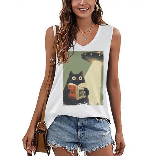 Vintage Japanese Cat Book Lovers UFO Alien Abduction Cat Dad Women's V-Neck Tank Top - Bookorys