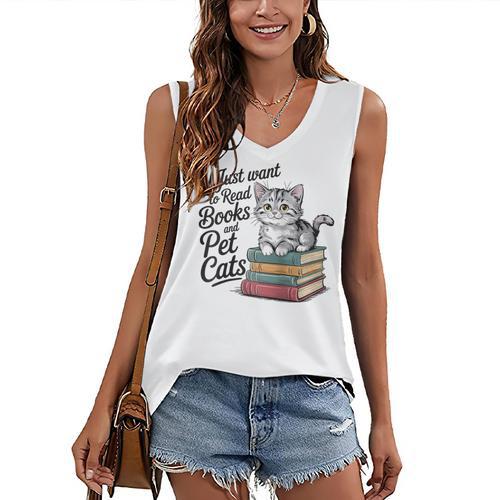 Vintage I Just Want To Read Books And Pet Cats Cat Raglan Baseball Tee Women's V-Neck Tank Top - Bookorys