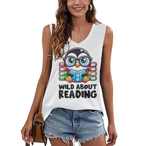 Wild About Reading Book Lover Penguin Women's V-Neck Tank Top - Bookorys