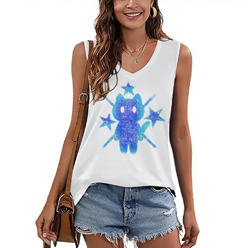 Yk2 Grunge Earthy Blue Cat With Stars Tomboy 90s Nostalgia Premium Tri-Blend Women's V-Neck Tank Top - Figerry