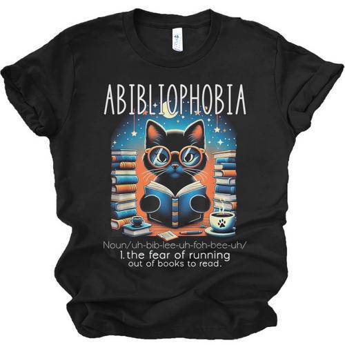 Abibliophobia Cat Reading Bookworm Reader Nerd For Men Women Girls Kids Unisex Jersey T-Shirt - Bookorys AU