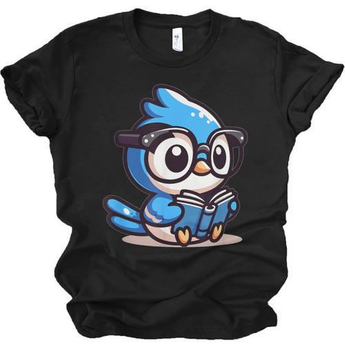 Adorable Book Lover Blue Jay With Reading Glasses Cute Unisex Jersey T-Shirt - Bookorys