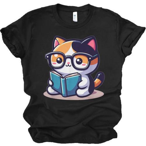 Adorable Book Lover Calico Cat With Reading Glasses Cute For Men Women Kids Unisex Jersey T-Shirt - Bookorys UK