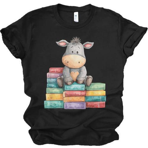 Adorable Donkey With Heart Sitting On Colorful Book Stack Unisex Jersey T-Shirt - Bookorys