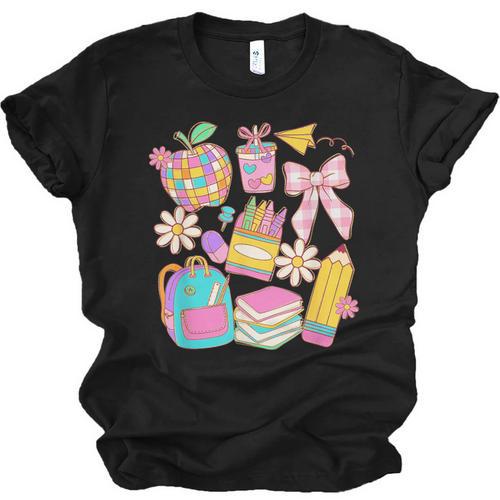 Apple Disco Pencil Books Bow Teacher Student Back To School Unisex Jersey T-Shirt - Bookorys CA