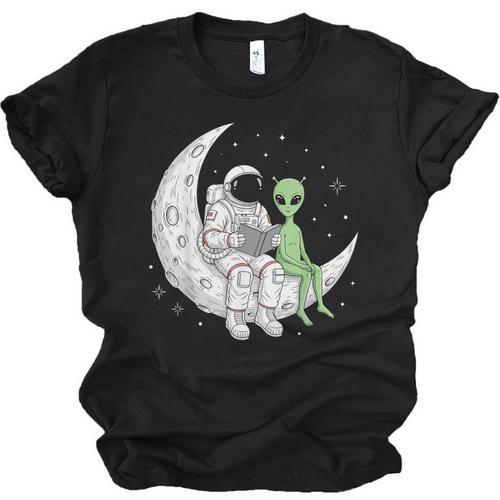 Astronaut Reading Book To Alien Moon Space Book Lover Men Unisex Jersey T-Shirt - Bookorys
