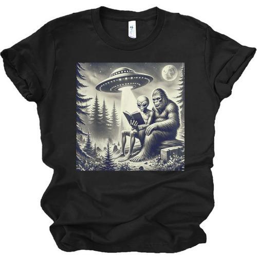 Bigfoot With Alien Reading A Book Bigfoot And UFO Unisex Jersey T-Shirt - Bookorys UK