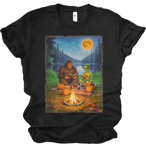 Bigfoot And Alien Reading Books Campfire Halloween Unisex Jersey T-Shirt - Bookorys