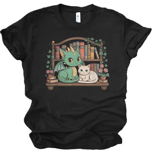 Boho Librarian Booklover Cottagecore Fantasy Book Dragon Cat Unisex Jersey T-Shirt - Bookorys AU