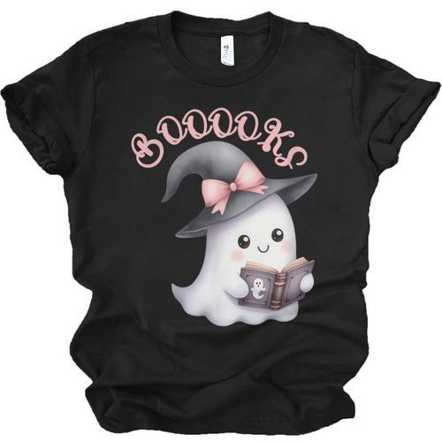 Boo Ghost Books Coquette Bow Halloween Women School Teacher Unisex Jersey T-Shirt - Bookorys