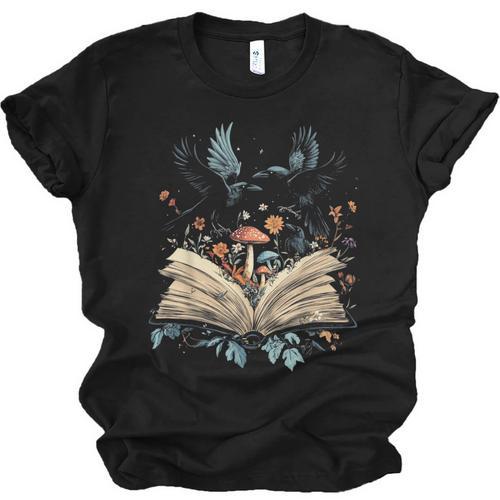 Book Lover Crow Cottagecore Flowers Book Unisex Jersey T-Shirt - Bookorys UK
