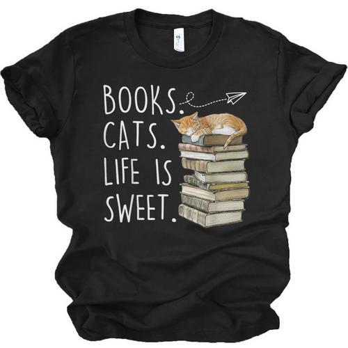 Book Lovers Books Cats Life Is Sweet Cat Lover Unisex Jersey T-Shirt - Bookorys DE