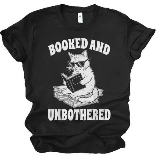 Booked And Unbothered Cat Reading Book Lovers Unisex Jersey T-Shirt - Bookorys