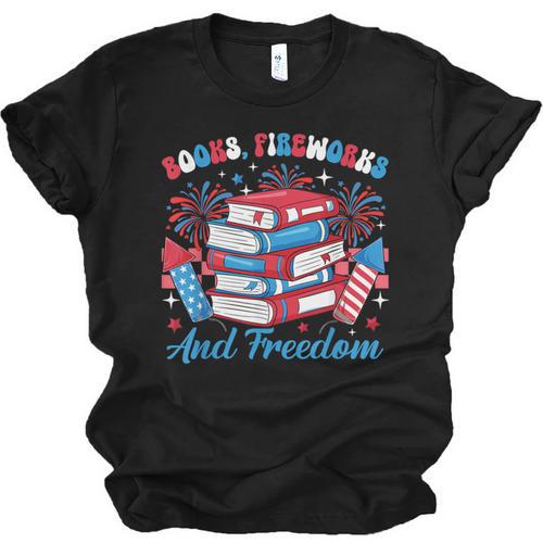Books Fireworks And Freedom Independence Day Book Lover Unisex Jersey T-Shirt - Bookorys