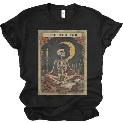 Books Lover Book Novels Reading Halloween Costumes Cottagecore Skeleton Aesthetic Tarot Card The Reader Graphic Unisex Jersey T-Shirt - Bookorys AU