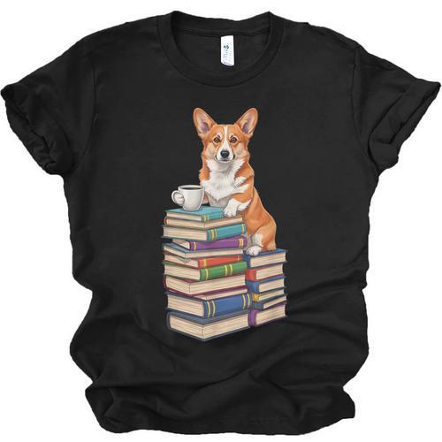 Bookworm Corgi Reading Books Drinking Coffee Dog Lover Unisex Jersey T-Shirt - Bookorys