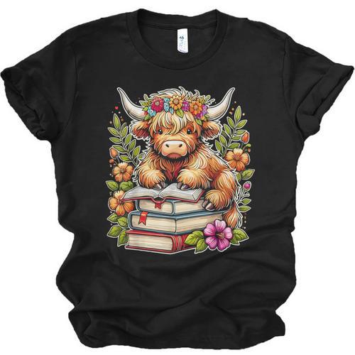 Bookworm Cute Highland Cow Reading Book Unisex Jersey T-Shirt - Bookorys