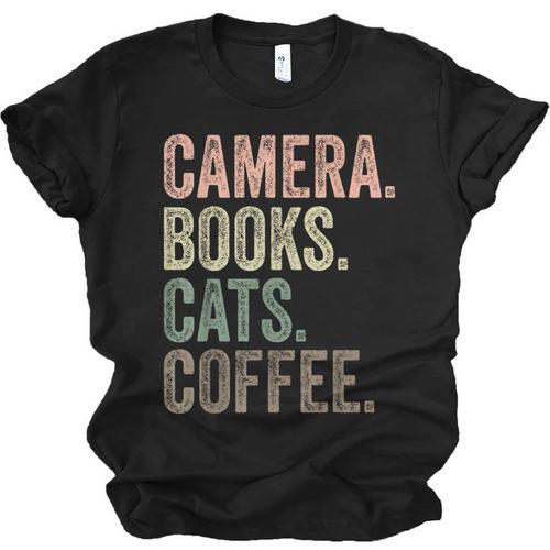 Camera Books Cats And Coffee Lover Photography Men Women Unisex Jersey T-Shirt - Bookorys AU