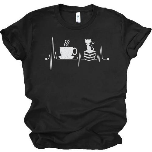Cat Book Coffee Lover Heartbeat Cat Lover Book Lover Unisex Jersey T-Shirt - Bookorys AU