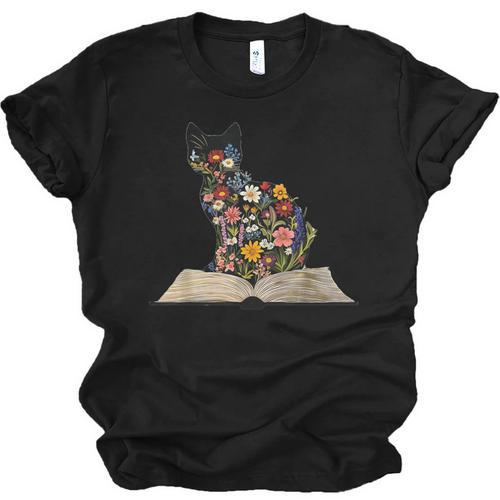 Cat Book Flowers Unisex Jersey T-Shirt - Bookorys AU
