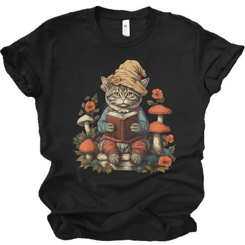Cat Cottagecore Shirt Mushroom Cute Cat Reading Book Women Unisex Jersey T-Shirt - Bookorys AU