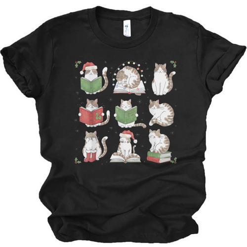 Cat Reading Book Funny Christmas Cat Book Lover Librarian Men Women Kids Unisex Jersey T-Shirt - Bookorys DE