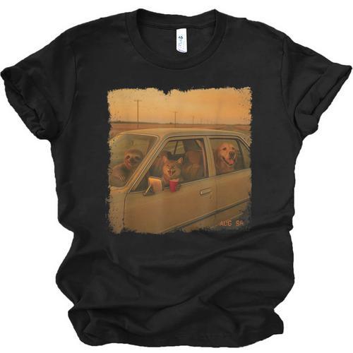 Cat Sloth Dog Retro Nostalgia Roadtrip Photo Unisex Jersey T-Shirt - Figerry