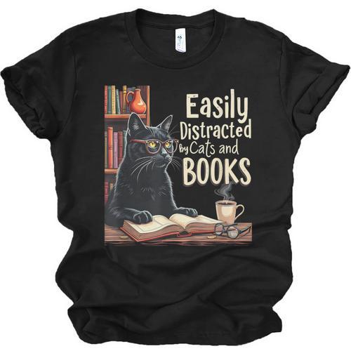 Cats And Books Book & Cat Lover Easily Distracted By Unisex Jersey T-Shirt - Bookorys