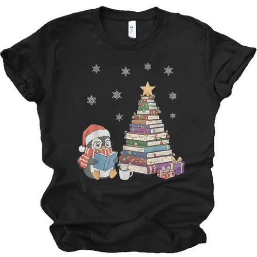 Christmas A Penguin Reading Book Snowflake Cocoa Hot Teacher Unisex Jersey T-Shirt - Bookorys DE
