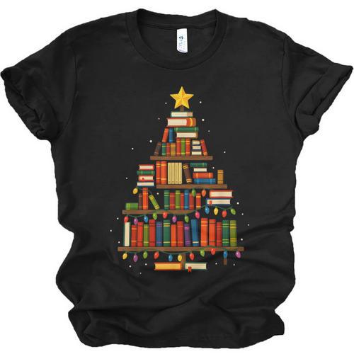 Christmas Tree Bookshelf Book Lover Library Men Women Kids Unisex Jersey T-Shirt - Bookorys CA
