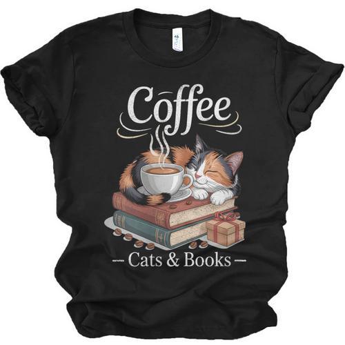 Coffee Cats And Books Cozy Calico Reader Love Cute Cat Unisex Jersey T-Shirt - Bookorys AU