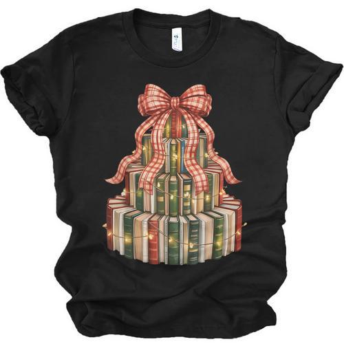 Coquette Christmas Book Tree Xmas Lights Librarian Teacher Unisex Jersey T-Shirt - Bookorys